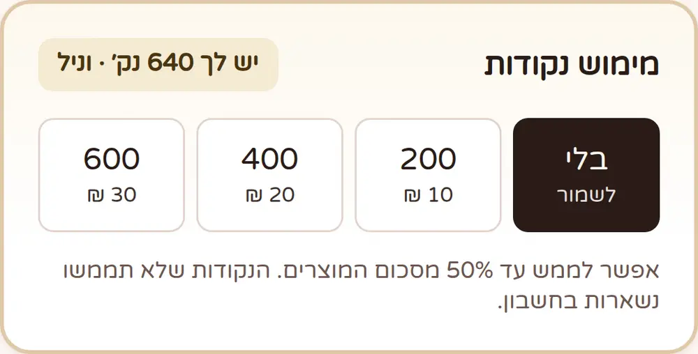 בורר מימוש הנקודות בעמוד התשלום של בייקס: ארבע אפשרויות —
                                  בלי, 200 נקודות (10 ₪), 400 נקודות (20 ₪)
                                  ו-600 נקודות (30 ₪).
