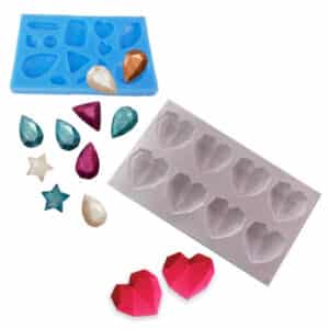 זוג תבניות סיליקון - יהלומים שונים גדלים 1-2 ס"מ + לב יהלום 3.5 ס"מ